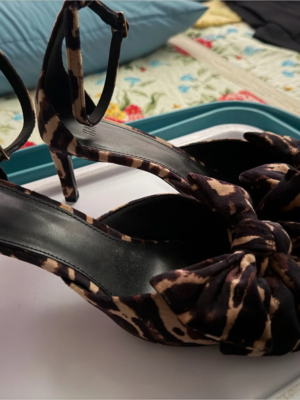 Zara Black and Tan Leopard Print Bow Ankle-Strap Heels